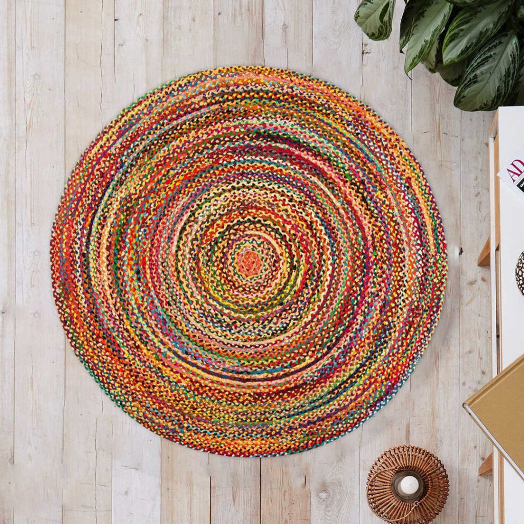 Bright and multicolor round area carpets intricate designer jute rug
