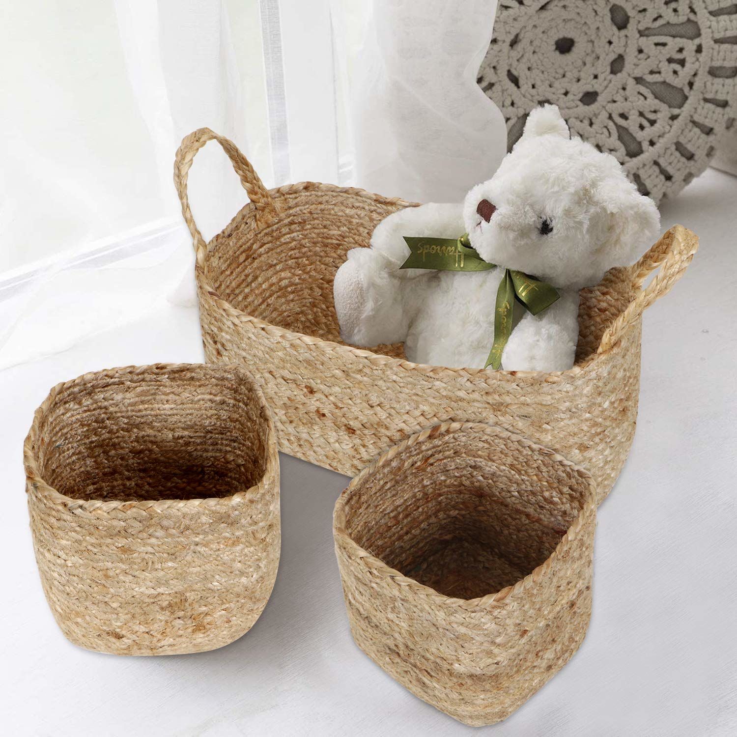 Set of three HomeStorage Natural Jute Baskets for Storage with