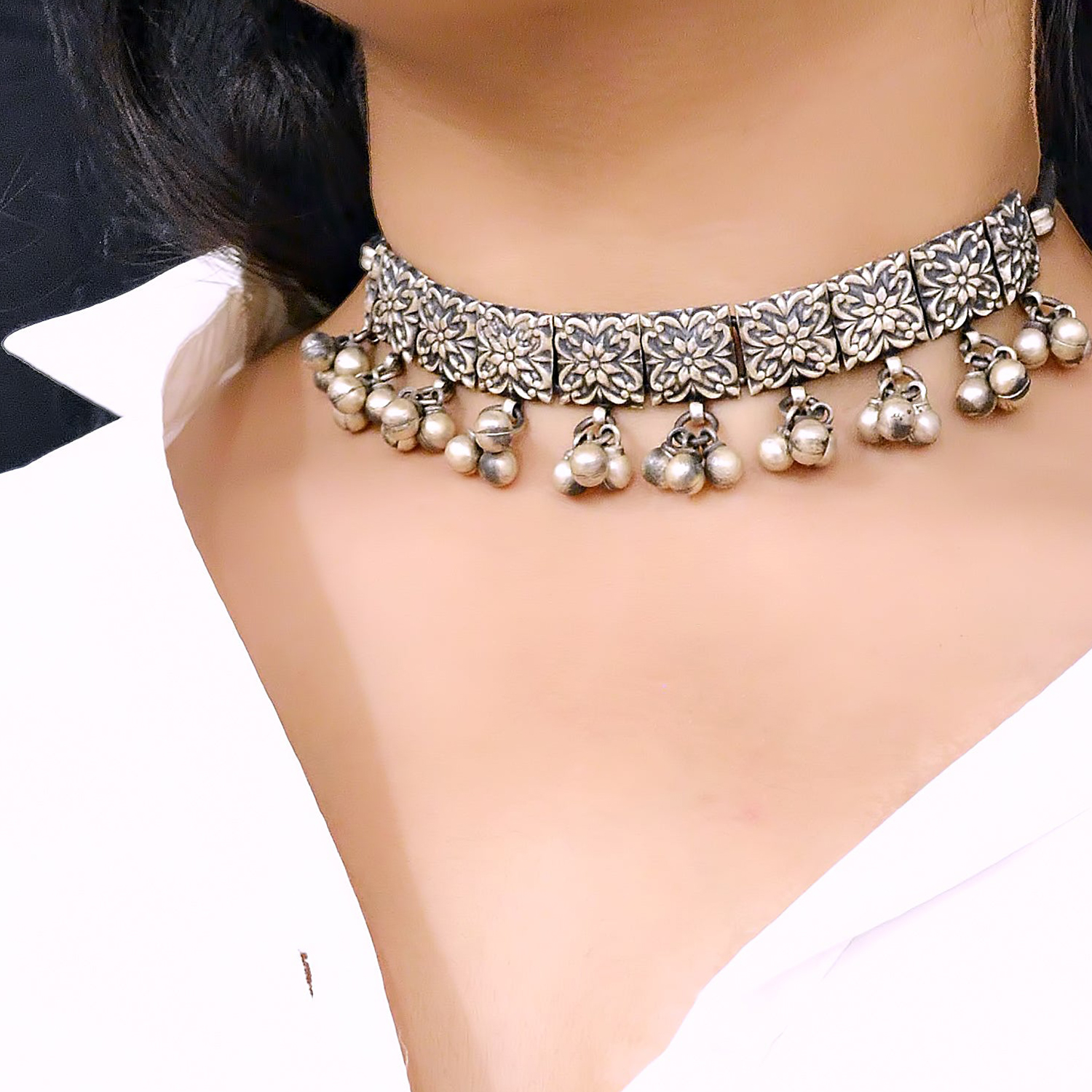 Handcrafted Beautiful Shaped Galabandh Flotal Choker | Square Silver Choker for Women - Necklaces FOLKWAYS
