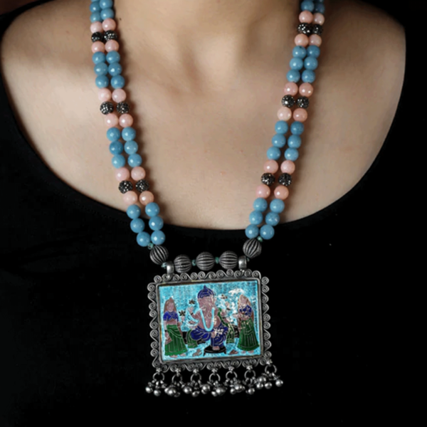 Semi-precious stone silver necklace | Meenakari design silver necklace