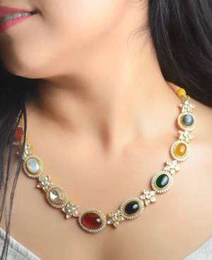 Jadau kundan silver necklace | Multi-color stone silver necklace
