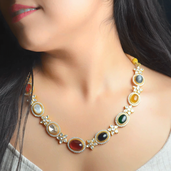 Jadau kundan silver necklace | Multi-color stone silver necklace