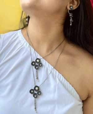 Oxidised Pearl Persona Necklace | Flower pendent silver necklace