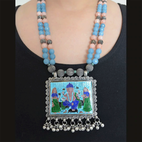 Semi-precious stone silver necklace | Meenakari design silver necklace