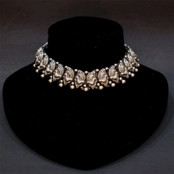 Tribal artistic motif silver choker | Classy style silver necklace