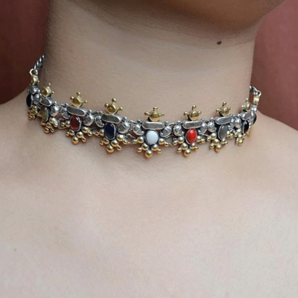 Silver choker with Colourful pearls | Duo shade silver choker