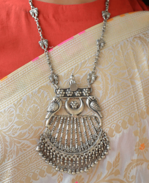 Silver pendant with ghungroo silver necklace | Long necklace with bird design