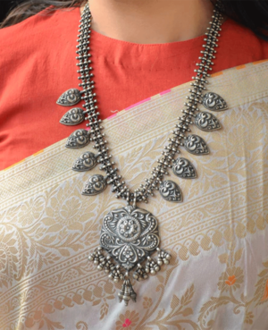 Leaf necklace with designer pendant | Fancy design silver long necklace