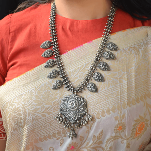 Leaf necklace with designer pendant | Fancy design silver long necklace