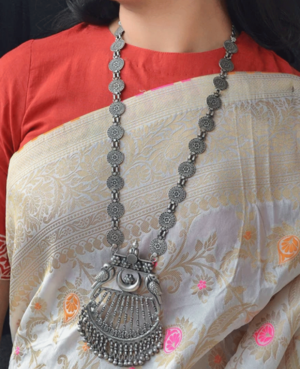 Long classic silver necklace for girls |Silver necklace with coin chain & pendant