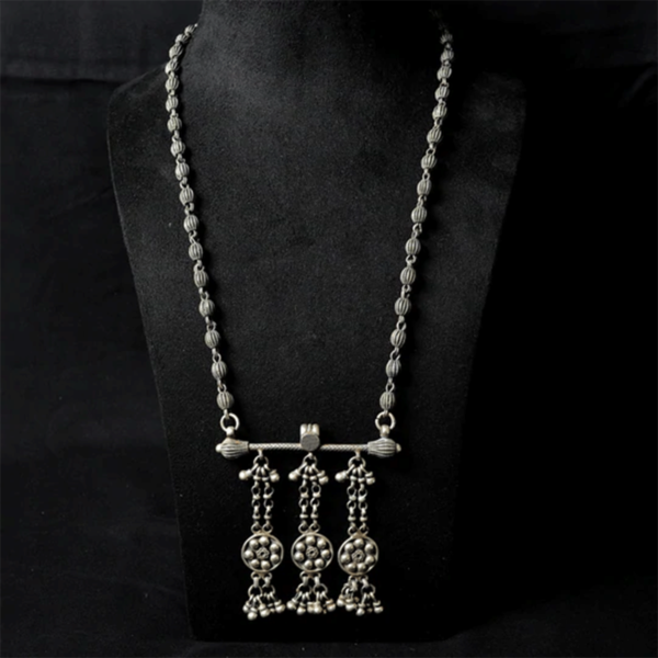 Three pendant combination silver long necklace | Artistic designer silver necklace