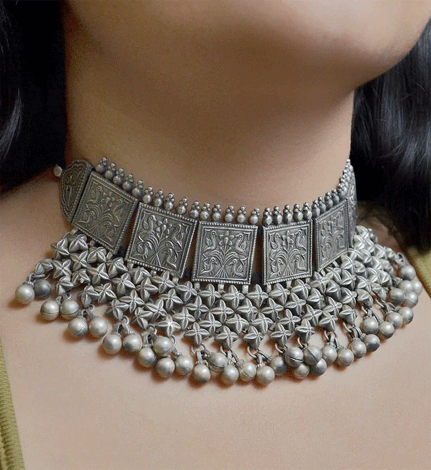 Ethnic Silver Mirror Ghungroo Choker Necklace Set with Earrings