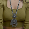 Silver long necklace with ghungroo pendant