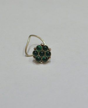 Silver nose pin with seven green stones | trendy nose wear