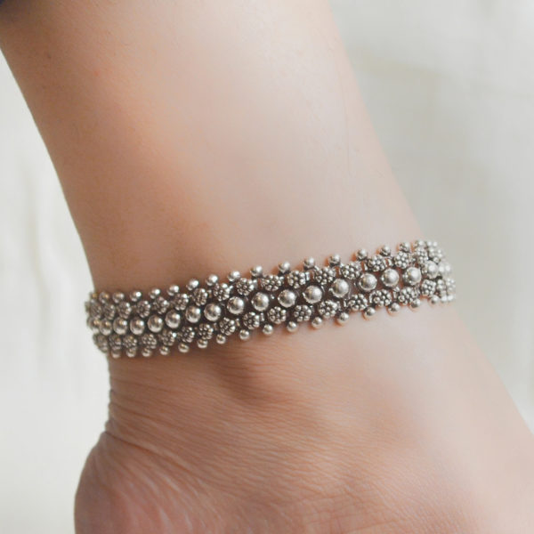 Three layer chain floral and ball silver anklet | Layered design silver anklet