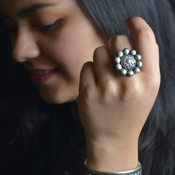 Flowery silver ring | Flower ball silver ring