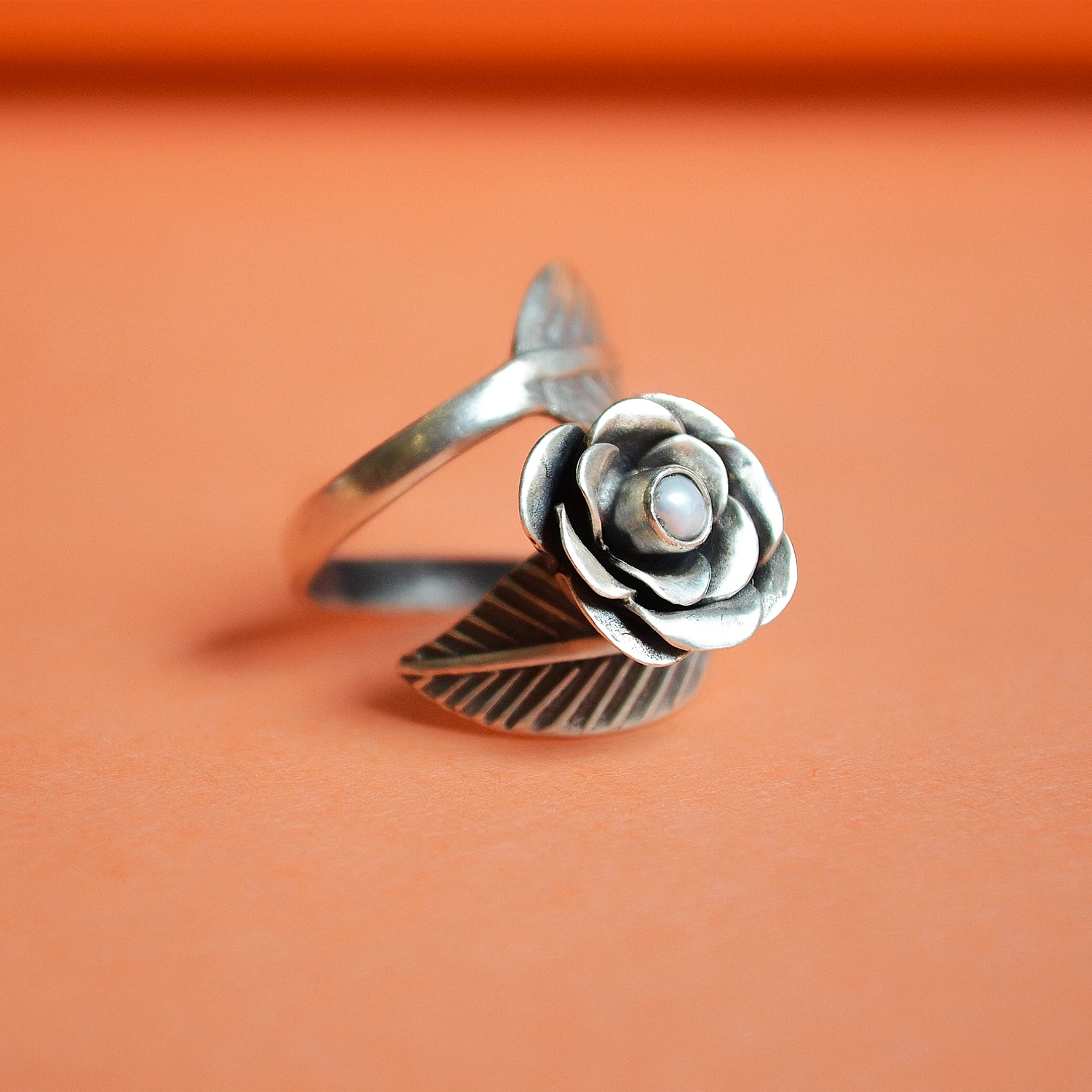Roseate Silver Ring | Rose With Leaf Silver Ring - Rings - FOLKWAYS