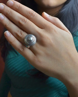 Statement silver ring | Carving silver bead ring