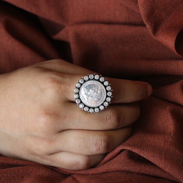 Coin silver ring | White stone silver ring