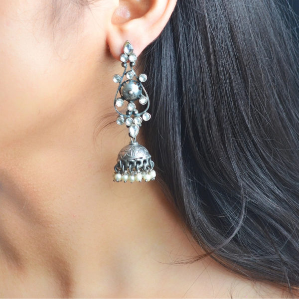 Silver Jhumki with Beautiful Design | Silver Earring Precious Diamonds