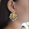 The carefully constructed stud earrings with valuable stones and pearls are made by arranging several stones surrounded by pearls and hanging beads.