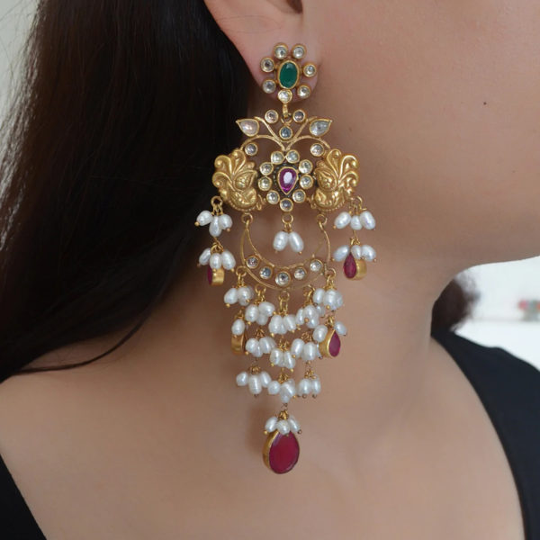 Kundun silver earring | Gold polish kundan dangler