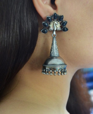 Peacock with black stone feather silver earring