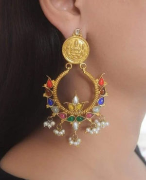 Navaratan gold polished silver temple earrings