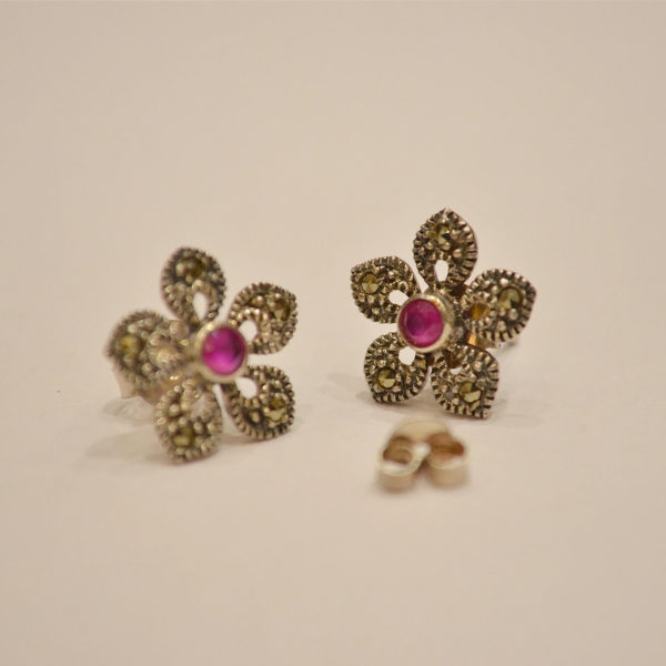 Pink stone flower stud | magnificent silver stud