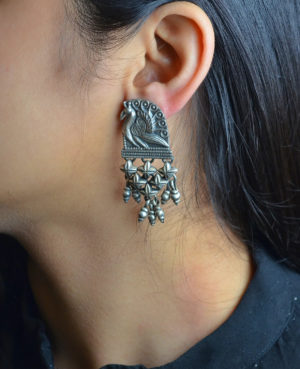 Peacock Design Silver Earring With Pearls on Edge
