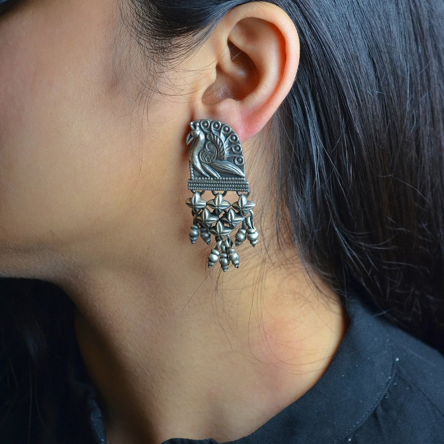 Buy Silver Plated Pearl Oxidized Floral Design Earrings by Noor Online at  Aza Fashions.