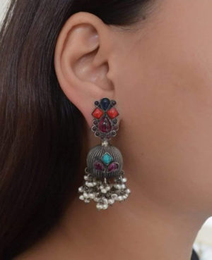Multi colour stone silver danglers | Beautiful earring
