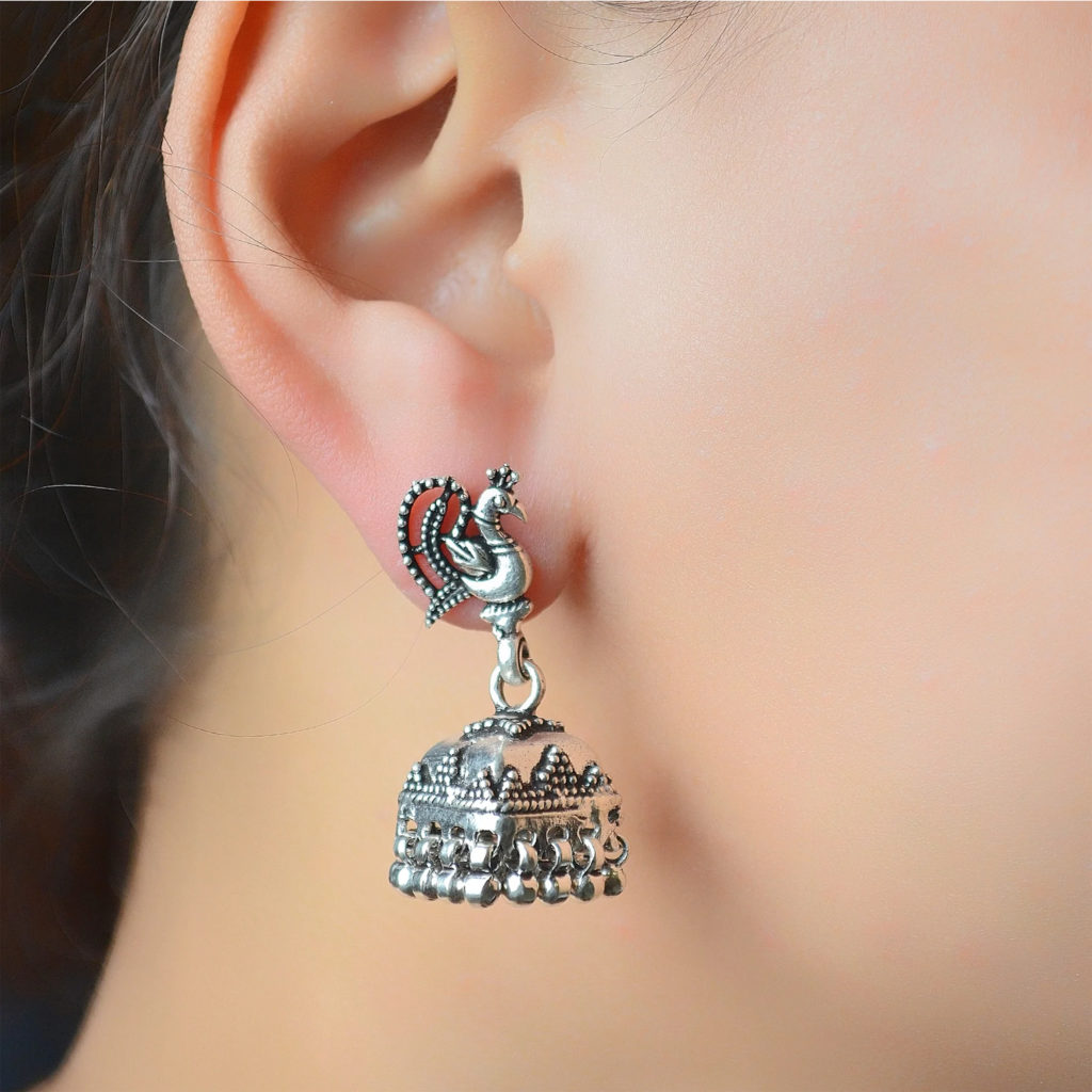 Elegant Silver earring peacock design with Jhumka on base