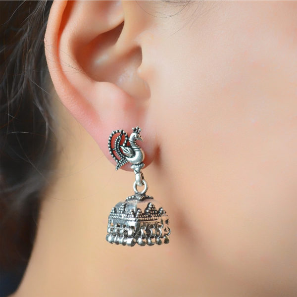 Elegant Silver earring peacock design with Jhumka on base