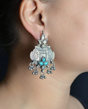 Green pearl kundan silver earrings