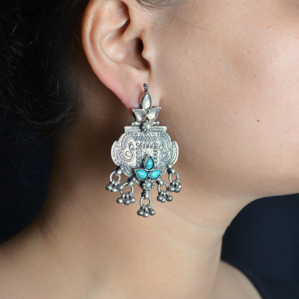 Green pearl kundan silver earrings