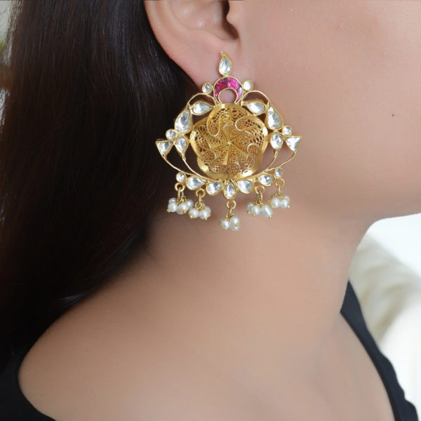 Kundan silver earring | Gold polished danglers