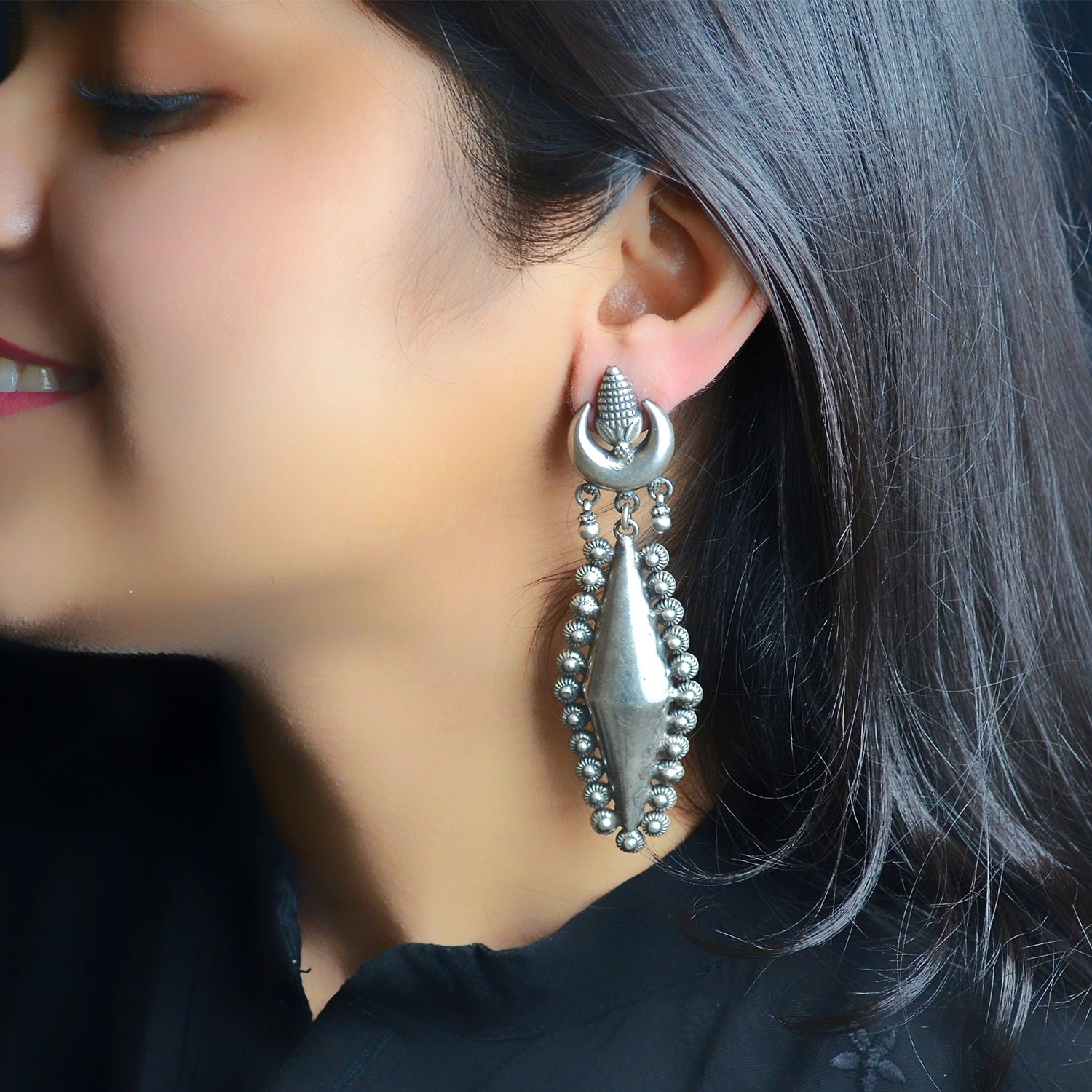 Silver Oxidised Black Stone Earrings #42497 | Buy Fashion Earrings Online