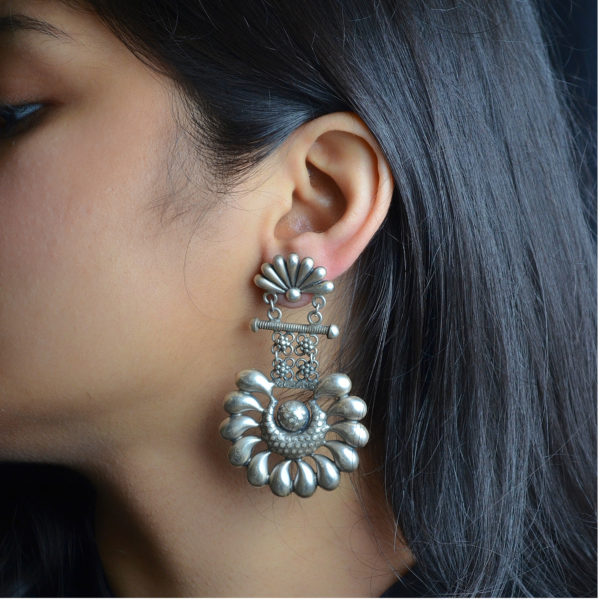 Drop Design with Centre Moon Silver Earrings