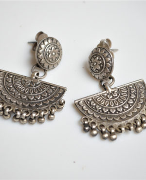 Half round Silver earrings | D shape with mandala art design silver earrings