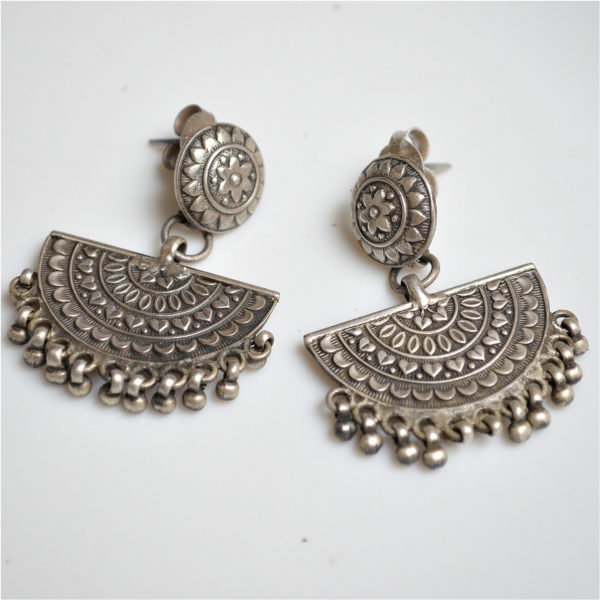 Half round Silver earrings | D shape with mandala art design silver earrings
