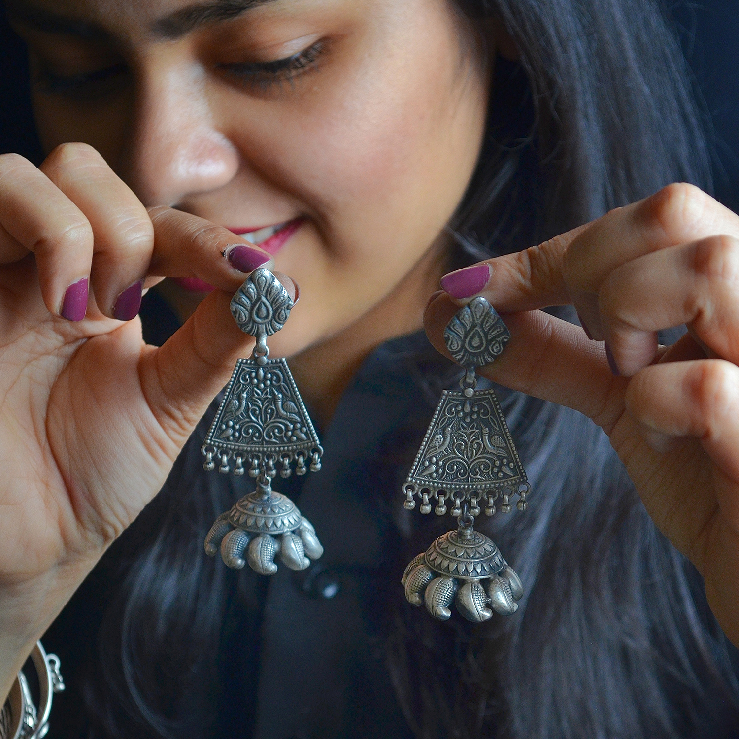 Beautiful silver earrings heart design by Pankaj Indian eshopping