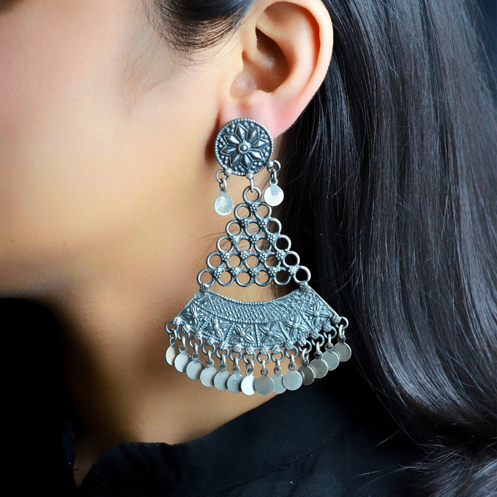 Beautiful piece of silver earring with chain work | Statement Earring