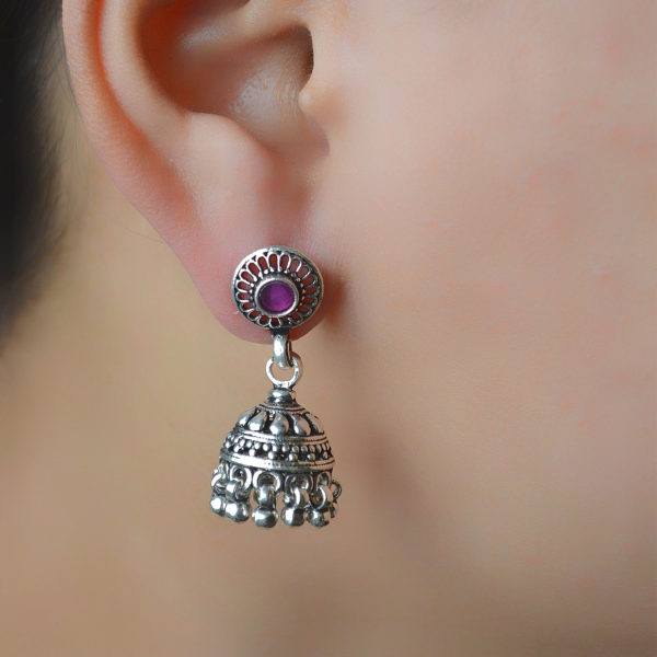 Silver Earrings With Rose Pink Pearl | Ethnic Silver Jhumkas