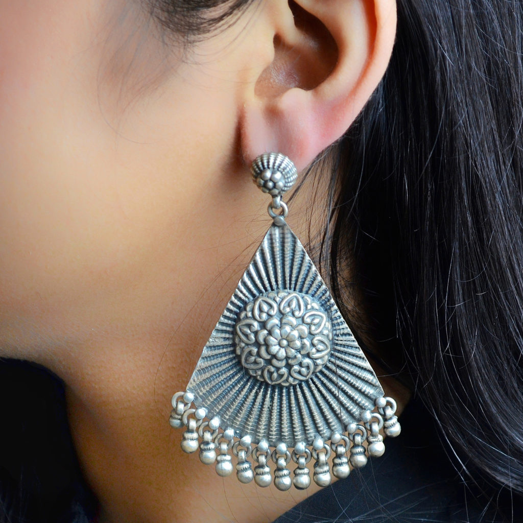 Cone Shaped Silver Earring | Floral Design Silver Dangler