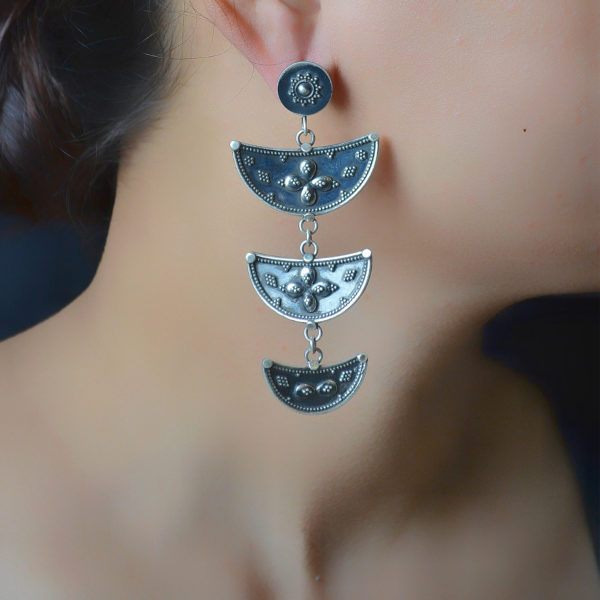 Three Half Moon Silver Earrings | Oxidized Silver Danglers