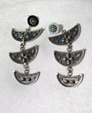 Three Half Moon Silver Earrings | Oxidized Silver Danglers