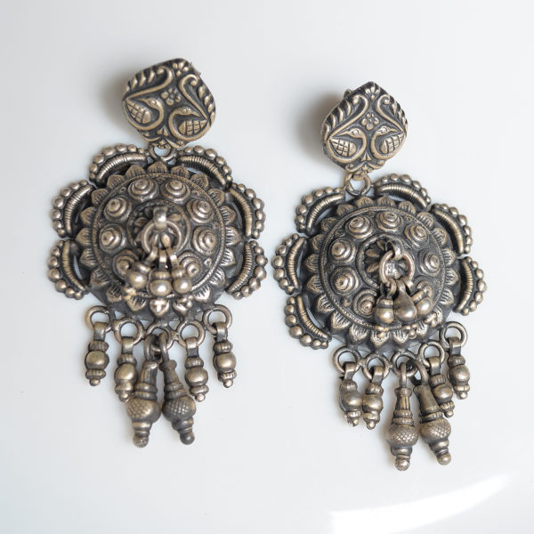 Ethnic old style temple ceiling silver earrings