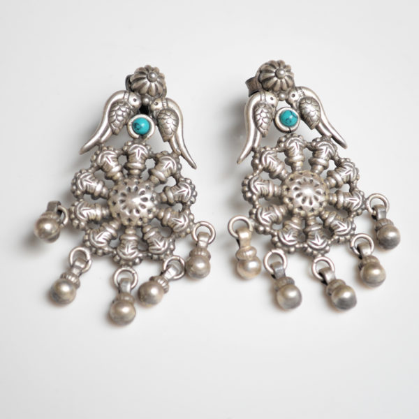 Parrot Silver Earring with Green Pearl | Flowery Wheel Silver Earrings
