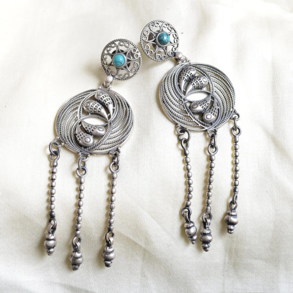 Silver danglers with chain & green pearl